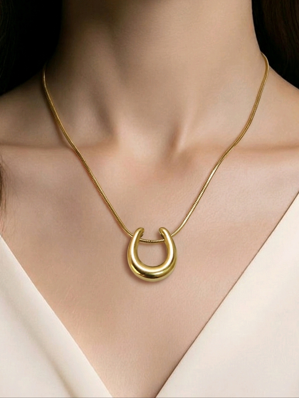 Equestrian Horseshoe Necklace Gold Snake Chain Stainless Steel Lady Horse Rider